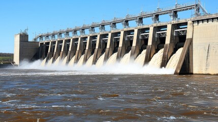 Hydropower generation event at large dam river location infrastructure showcase clear sky environment wide-angle viewpoint