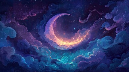 Crescent moon glowing in night sky, dreamy cloudscape, cosmic background, fantasy art, ideal for dreamlike themes