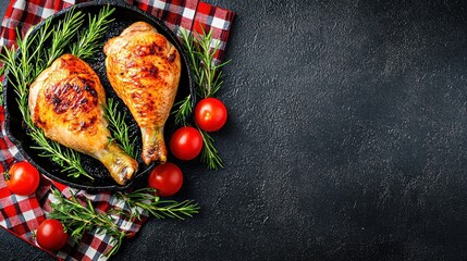 Grilled chicken drumsticks with herbs rustic kitchen food photography dark background overhead view culinary delight