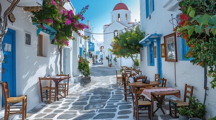 The narrow street of Mykonos town, Greece