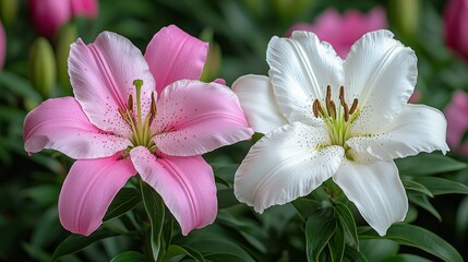 Fototapeta premium Pink and white lilies blooming in a garden with blurred background