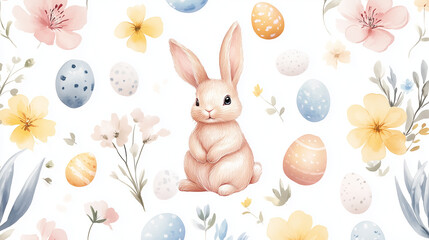 A watercolor-inspired Easter pattern with soft pink, yellow, and blue flowers, eggs, and fluffy bunnies. Easter, holidays