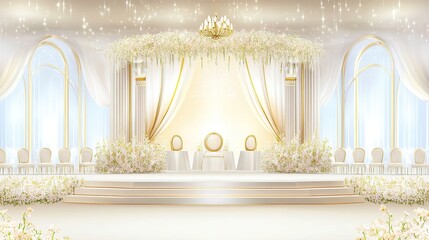 Elegant wedding ceremony hall, floral decor, arched windows, romantic lighting, event design