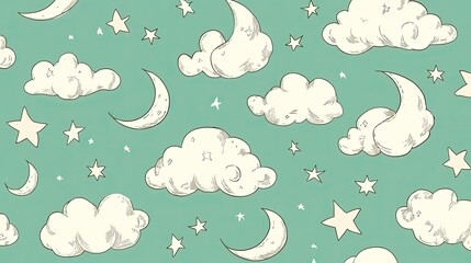 Celestial Clouds, Stars, and Moons Night Sky Pattern Design for Textiles