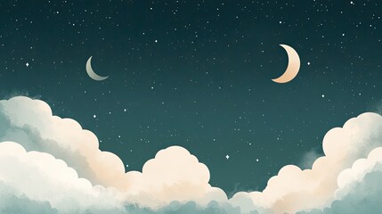 Night sky cloudscape, crescent moons, stars, dreamy, design background