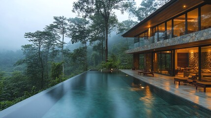 Fototapeta premium exclusive modern luxury villa with infinity pool overlooking tropical forest, combining modern architecture with breathtaking views, the perfect retreat for relaxation and luxury getaway