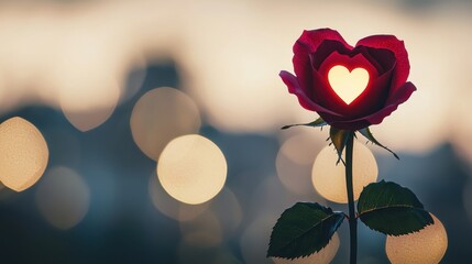 A rose with a heart-shaped light at its center, creating a romantic atmosphere.
