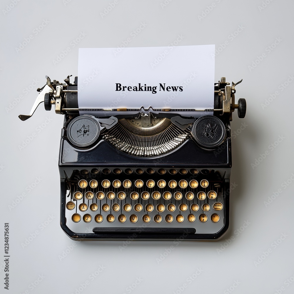Poster vintage typewriter displays bold breaking news on a blank sheet in an elegant setting. generative ai