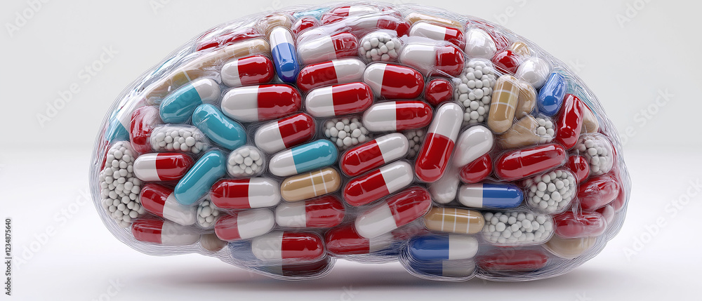 Poster opioids addiction harm reduction. a detailed 3d render showcasing a realistic brain model.