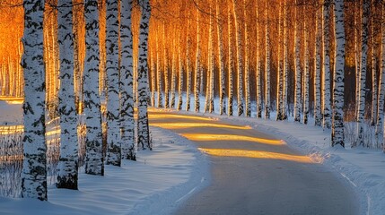 A snowy winter pathway winding through a forest of frost-covered trees, illuminated by the golden light of dawn. The fresh snow sparkles under the sunlight, creating a magical and serene view. 