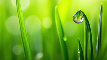 Morning dew drop on green grass blades nature setting close-up view refreshing beauty concept