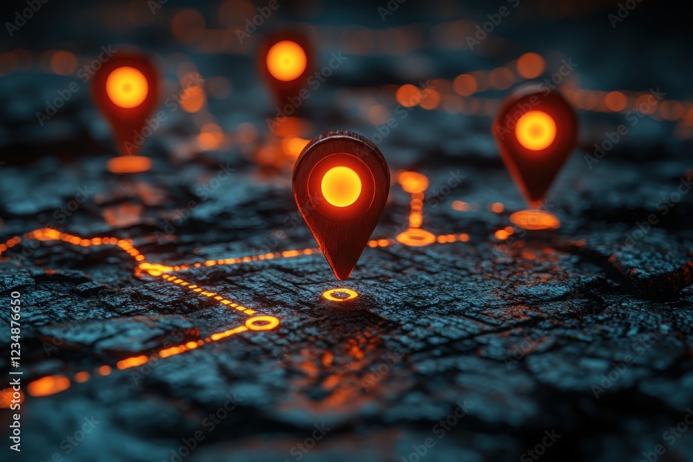 Poster a digital map with glowing location pins and pathways.