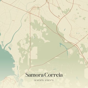 Vintage map of Samora Correia, Portugal. 