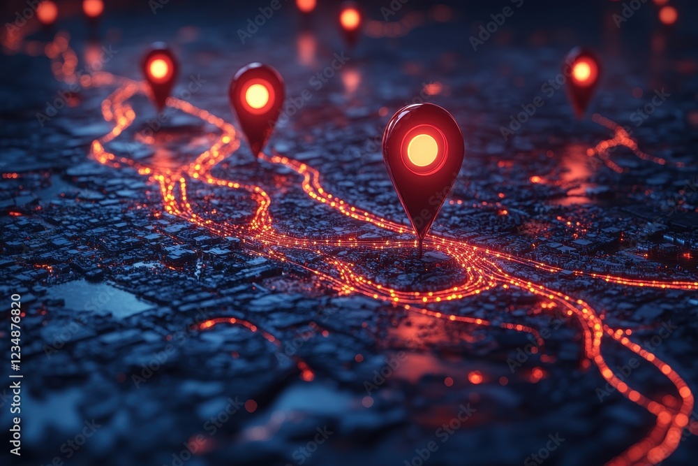 Poster a digital map with glowing location markers highlighting paths.