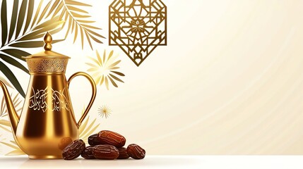 Ramadan brings unity and purity Prayer and charity and the crescent symbolize its spirit. Elegant Teapot with Dates and Gold Accents for Celebration