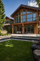 Obraz premium Luxury Modern Lake House with Stunning Glass Walls and Expansive Balcony