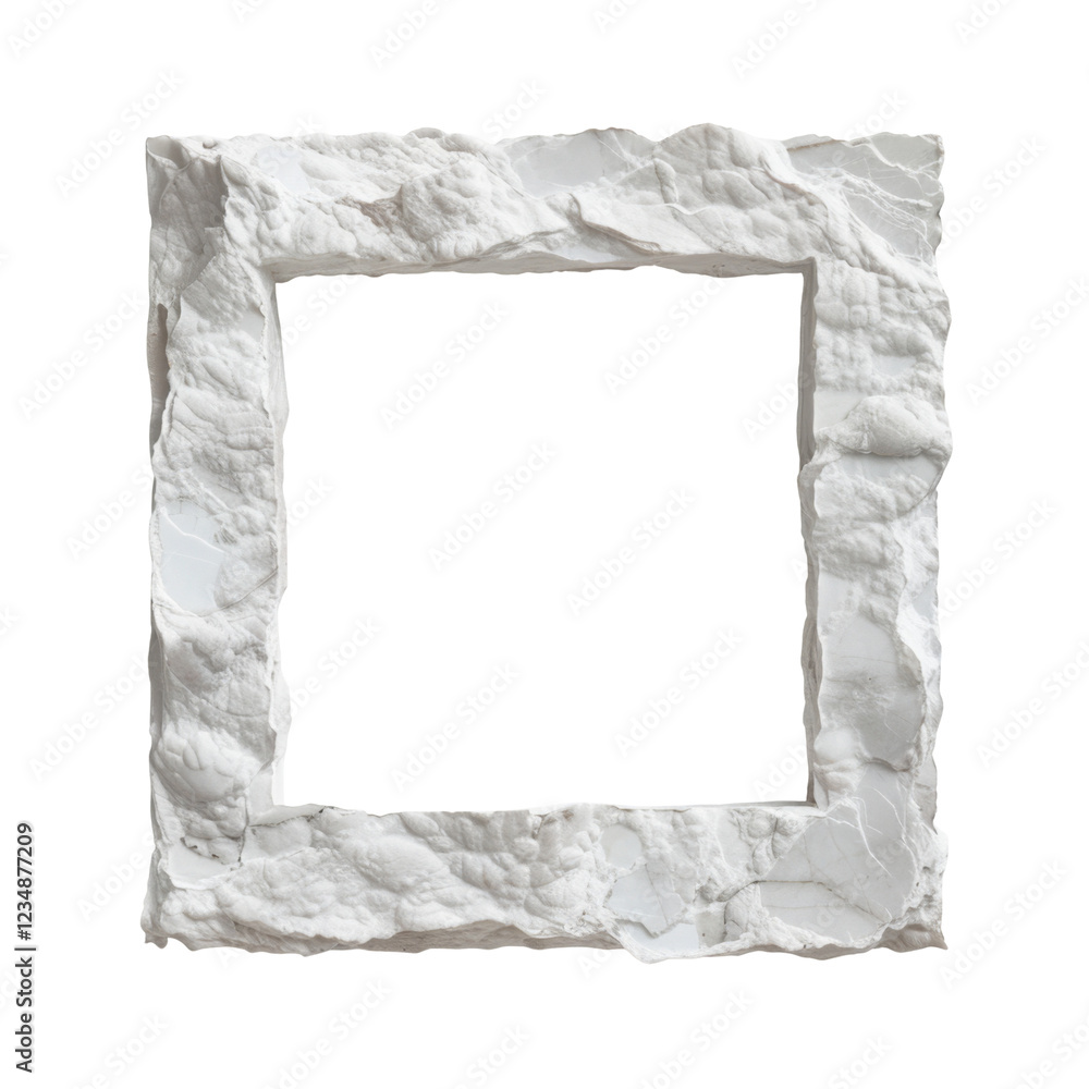 Poster rough textured white stone frame with natural irregular edges and rectangular open center