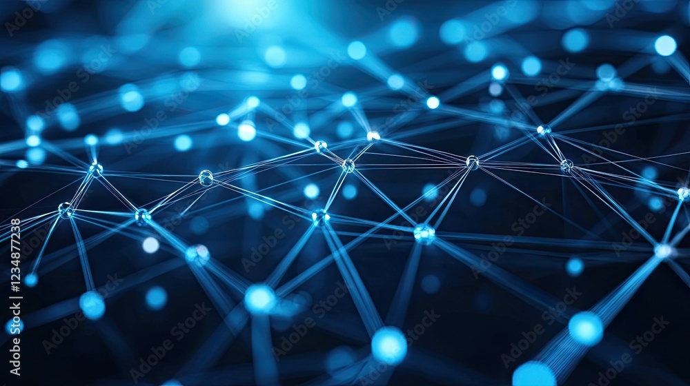 Poster global network connection abstract digital nodes and lines forming a complex web, glowing in dark bl