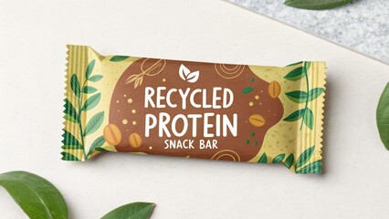 Featuring a brown and gold wrapper adorned with green leaves, the protein snack bar packaging mockup highlights a healthy and sustainable food choice, perfect for fitness enthusiasts