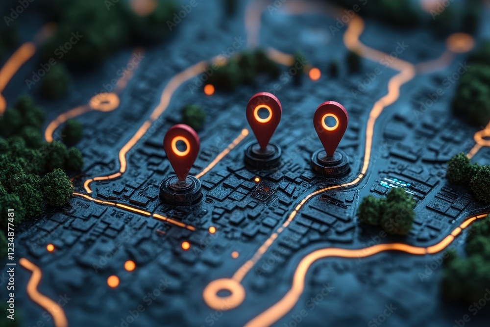 Poster a stylized map featuring glowing location markers and pathways.