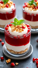 Delicious layered dessert with pomegranate toppings.