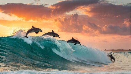 Fototapeta premium Dolphins Surfing Waves at Sunset