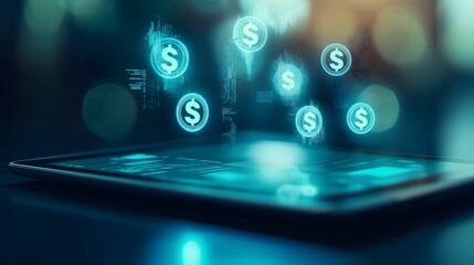 Close-up of digital tablet with glowing financial icons on screen, symbolizing online banking, fintech, cryptocurrency, and digital economy, with bokeh lights in background