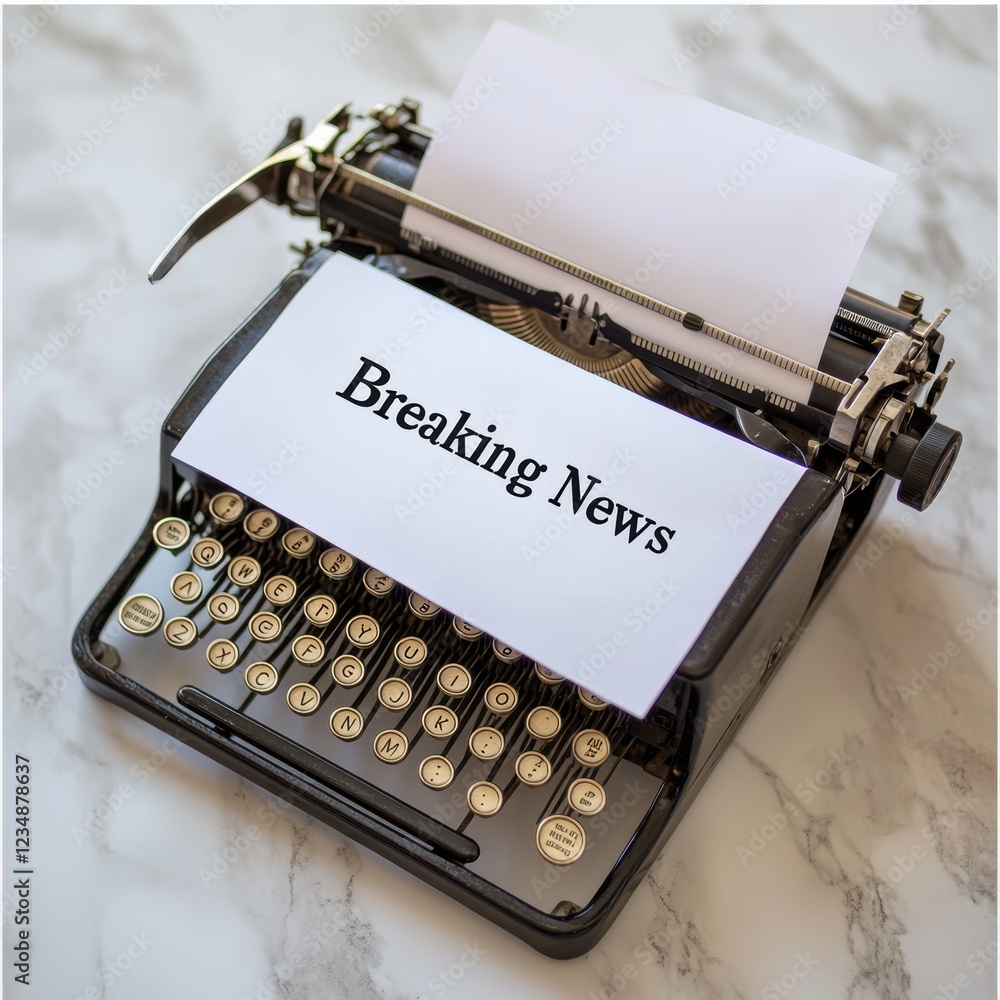 Poster vintage typewriter with bold breaking news on blank paper capturing the essence of journalism in a t