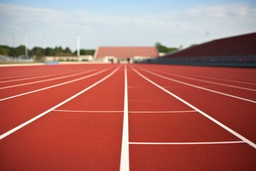 Red running track leading towards a blurred stadium under a blue sky, evoking the spirit of competition and athletic achievement
