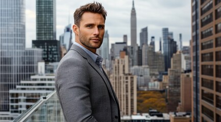 Business professional posing against a city skyline backdrop