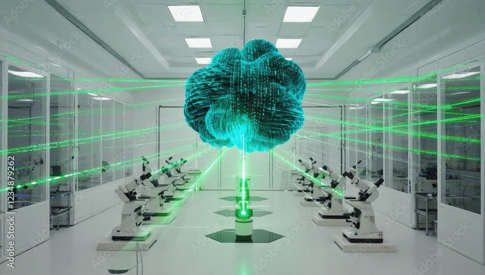Poster holographic projection of a human brain is sending data with green laser beams to microscopes in a l