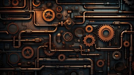 Steampunk Industrial Machinery with Pipes and Gears. Mechanical Engineering Background