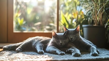 Two gray cats lying comfortably together on a soft rug in a sunlit room, surrounded by greenery and warm light coming through a window