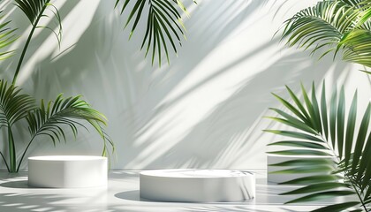 Fototapeta premium 3d render of minimal product display podium with palm leaves and sunlight.