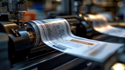 Printing press rolling lottery tickets in factory with blurred background