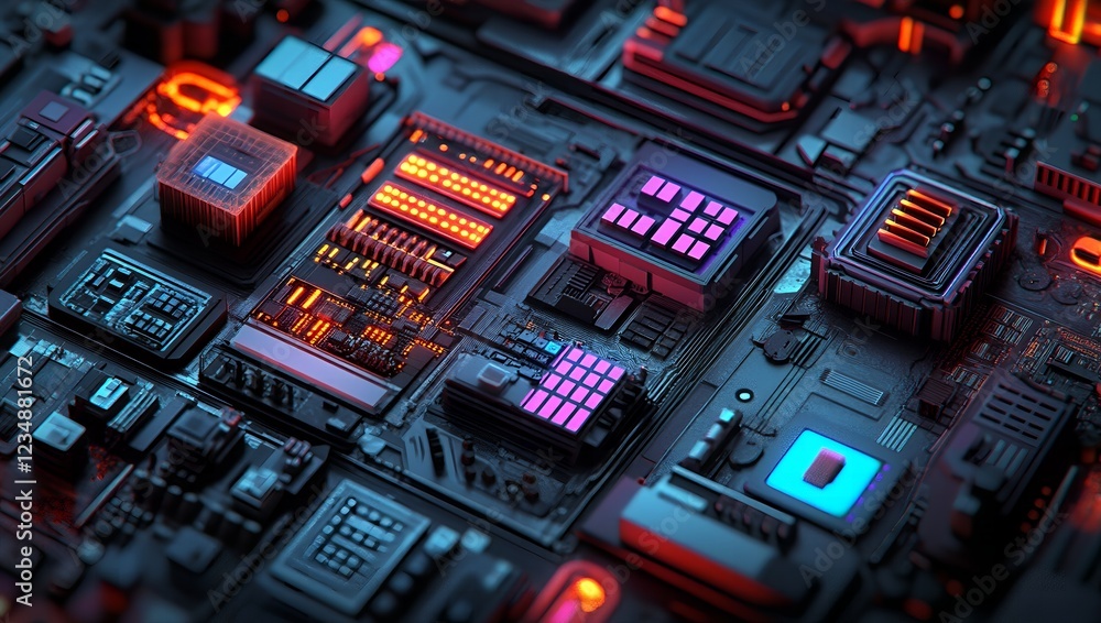 Poster futuristic circuit board technology abstract close up of microchips and processors