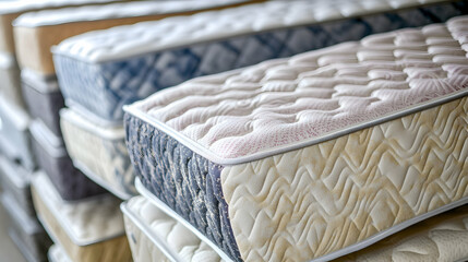 Mattress store display, various styles stacked, retail shopping