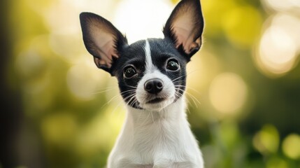 Cheerful black and white dog posing outdoors in natural light