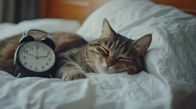 The cat sleeps on the bed and wakes up with an alarm clock healthy sleep concept
