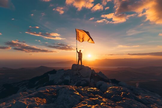 Silhouette of a man holding a flag on top of a mountain