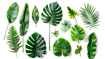 Set of monstera leaves isolated on white background. Flat lay, top view.