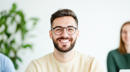 Fototapeta premium Smiling man in casual attire engaging office portrait