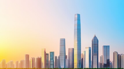 Naklejka premium Sunrise City Skyline With Tall Twisting Skyscraper