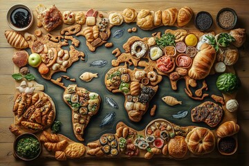 Global Culinary Map Made From Various Baked Goods and Delicacies Arranged on a Wooden Table