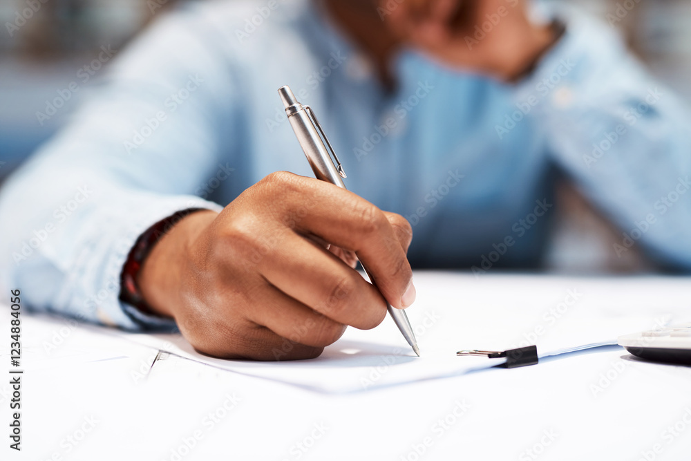 Poster businessman, hand and writing in office for planning, notes or contract review in architecture. engi