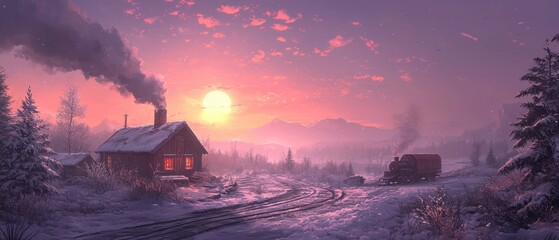 A tranquil winter cabin surrounded by snow-covered evergreens, glowing warmly under the pastel hues of twilight. Smoke rises lazily from the chimney as the serene setting exudes comfort and 