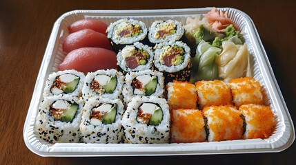 Sushi platter, restaurant takeout, wooden table, food delivery