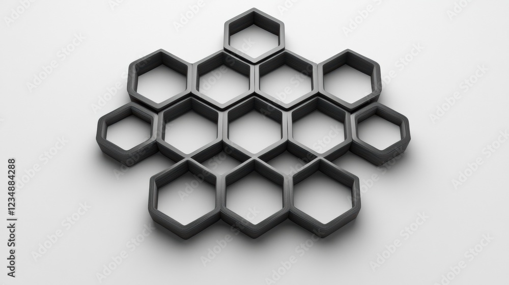 Poster modern geometric design arrangement showcasing black hexagonal shapes on a clean white surface. gene