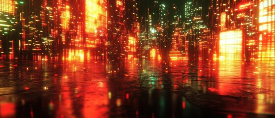 Fototapeta premium Futuristic cityscape with glowing red and yellow lights reflecting on a wet surface, creating a vibrant and abstract urban night scene Concept of technology, cyberpunk, and digital world