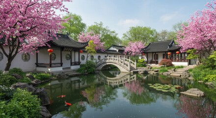 Obraz premium Serene Spring Scene in a Traditional Garden with Cherry Blossoms and Bridge